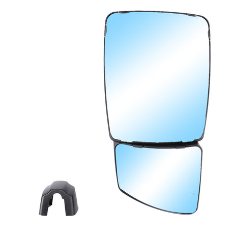 Two large reflective AGCO Mirror Heads with black frames (Product: G743810150010) from the AGCO brand. The top mirror is rectangular, while the bottom mirror has a more square shape to improve visibility in rough conditions. A small black plastic clip is positioned to the left of the mirrors, making it ideal for your Fendt Vario S4.