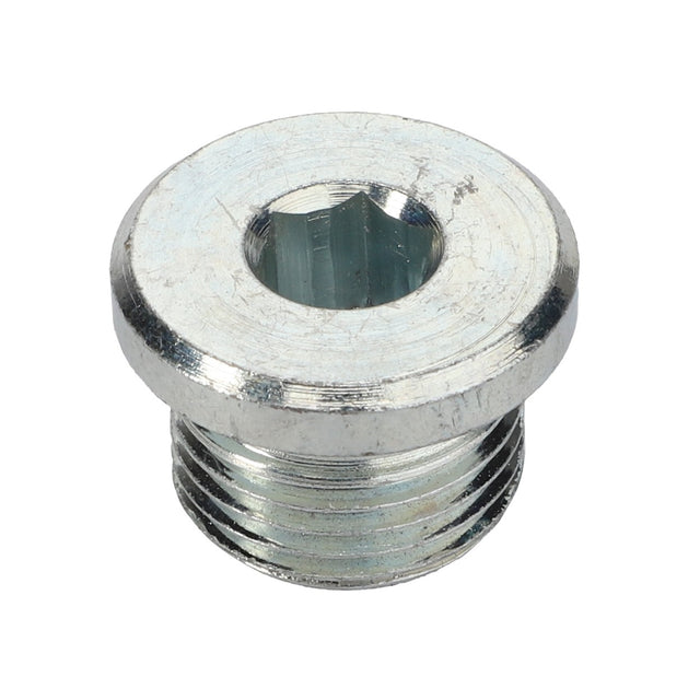 Introducing the AGCO Plug - Acp0325030, a metallic threaded plug featuring a hexagonal socket in the center, designed primarily for sealing or blocking fluid passages. This product is currently without a detailed description.