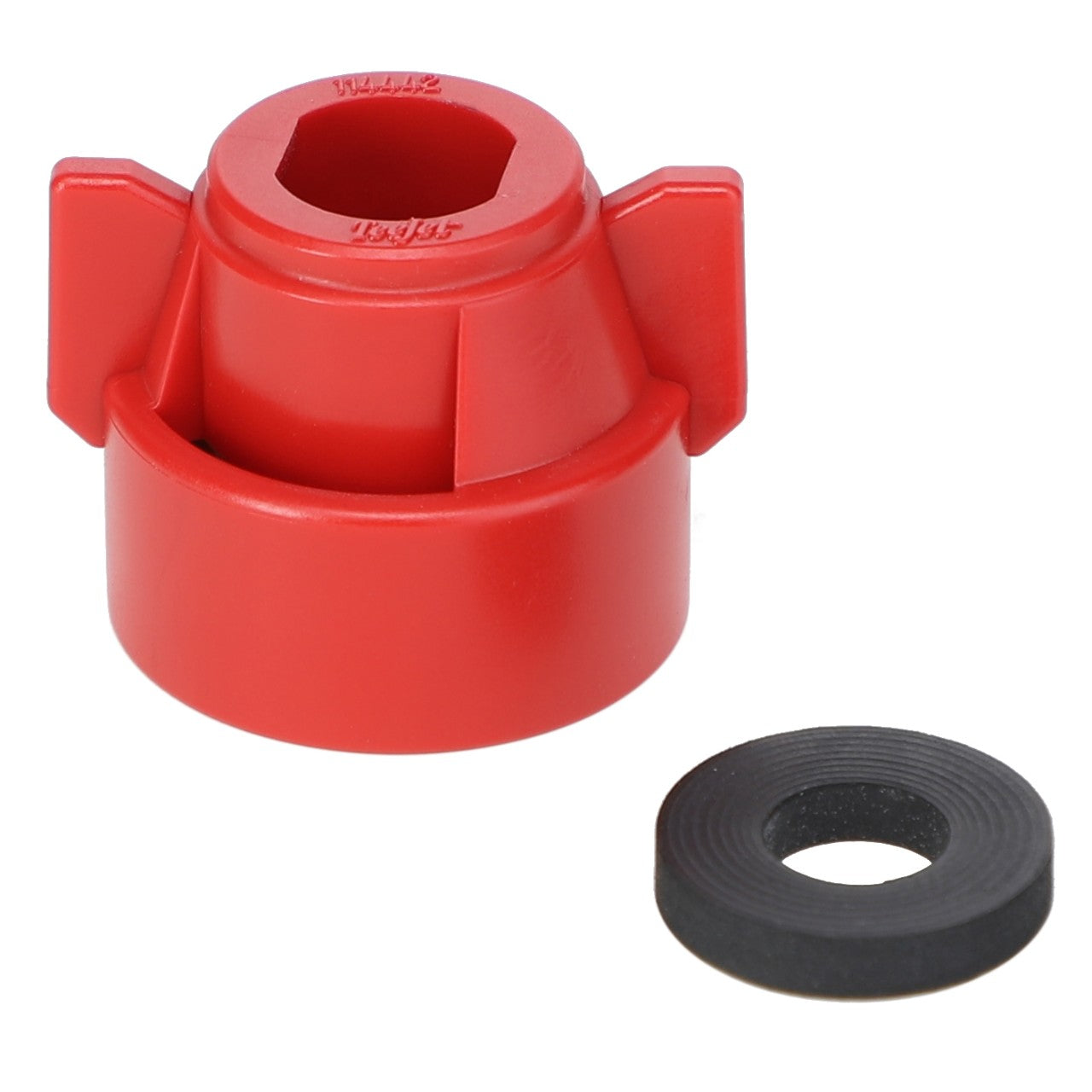 The AGCO | Quick TeeJet Cap, Red for Oval - ACP0484570 is a red plastic tool featuring a hexagonal opening and two protruding wings, along with a separate circular black rubber washer. If you have any ordering questions, please contact support for assistance.