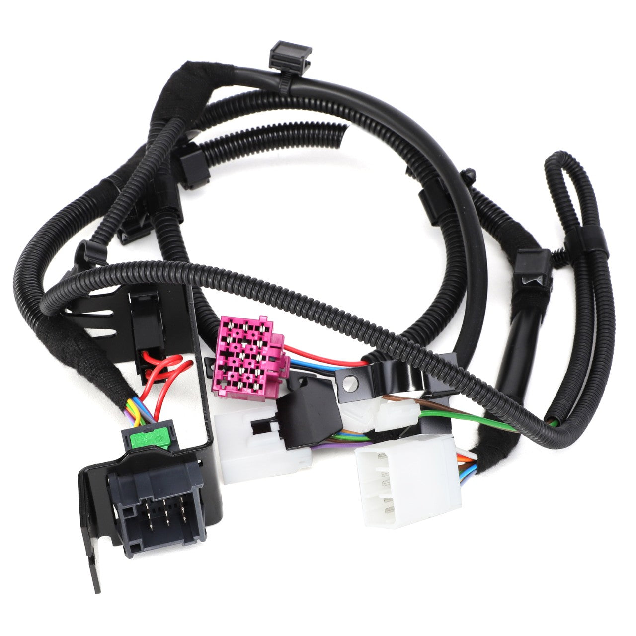 The AGCO WIRE HARNESS - F737812330310 is a versatile wiring harness designed for automotive or electronic applications. It features various connectors and cables with black, pink, white, and multicolored wires. Specific configurations or length details are not provided.