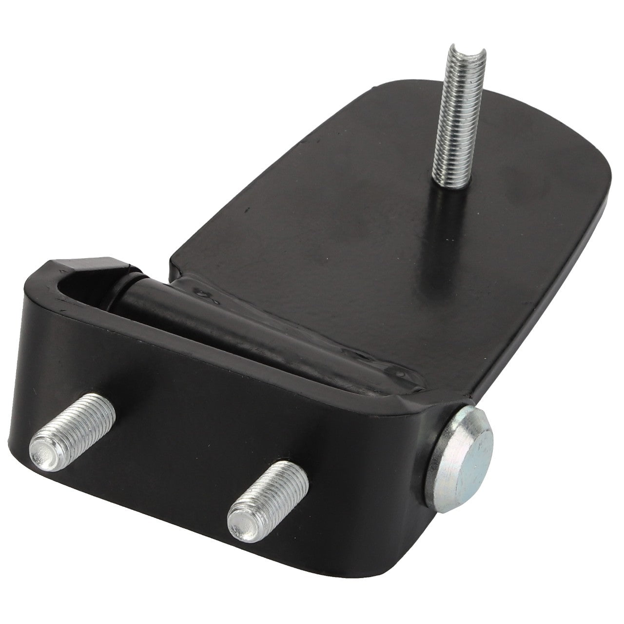 The AGCO Hinge - Acp0419250 is a black metal hinge bracket that includes three threaded bolts and a cylindrical pin. No additional product description is available for this item at the moment.