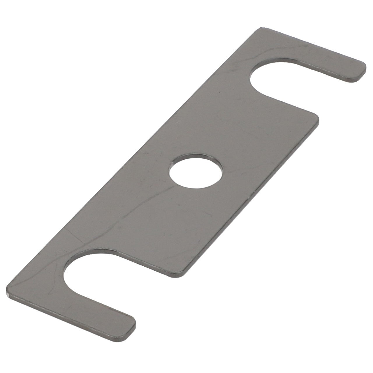 The AGCO | Shim - La321979850 is a flat, rectangular metal piece featuring a central circular hole and two U-shaped notches on each end. No further description information is currently available.