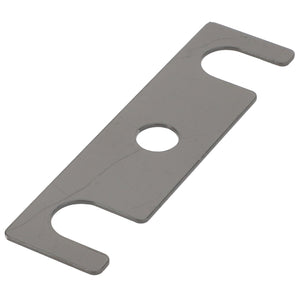 The AGCO | Shim - La321979850 is a flat, rectangular metal piece featuring a central circular hole and two U-shaped notches on each end. No further description information is currently available.