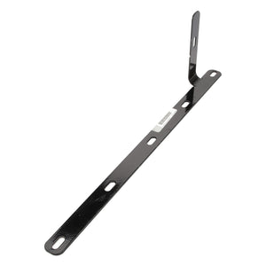 The AGCO BRACKET - AG328135, a sturdy black metal bracket featuring multiple holes and a right-angle bend at one end, is typically used for mounting or supporting various structures.