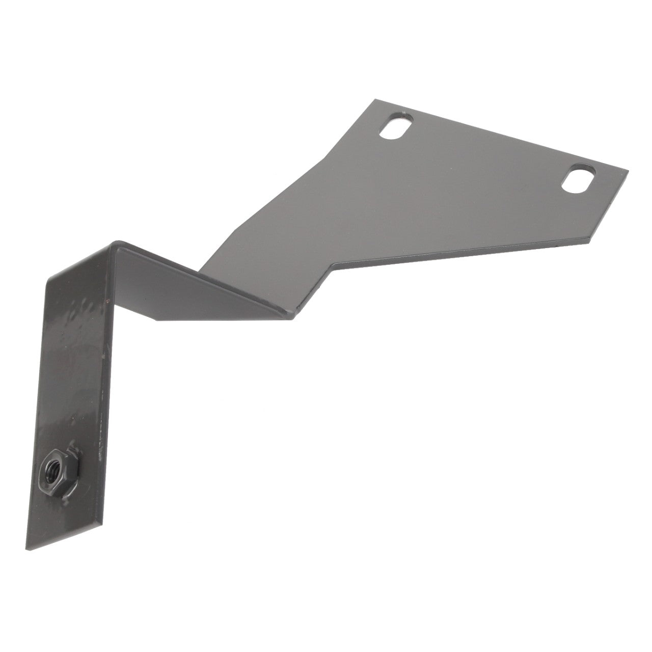 The AGCO | BRACKET - D28187326, a gray metal bracket with an angled design, features two holes on the upper flange and one bolt attached to the lower flange. No current product description information is available.