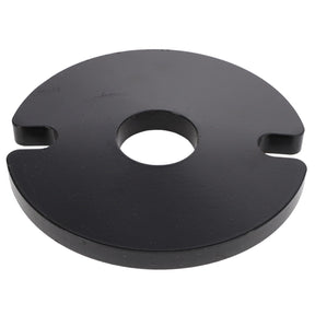 The AGCO | WASHER - E70111, a round, flat metal weight plate in black, features a central hole and has a small notch on one side. No current product description information available.
