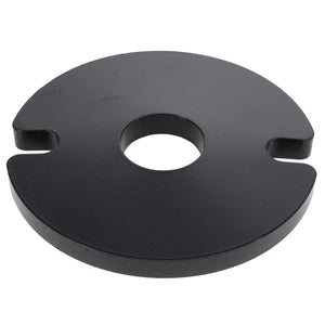 The AGCO | WASHER - E70111, a round, flat metal weight plate in black, features a central hole and has a small notch on one side. No current product description information available.