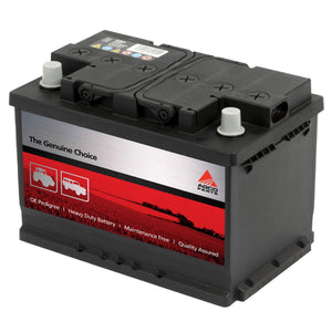 A black heavy-duty car battery from AGCO, identified as the AGCO Parts Battery - 3933364M1, features a red and silver label depicting trucks and the slogan "The Genuine Choice," offering expansive car parc coverage.