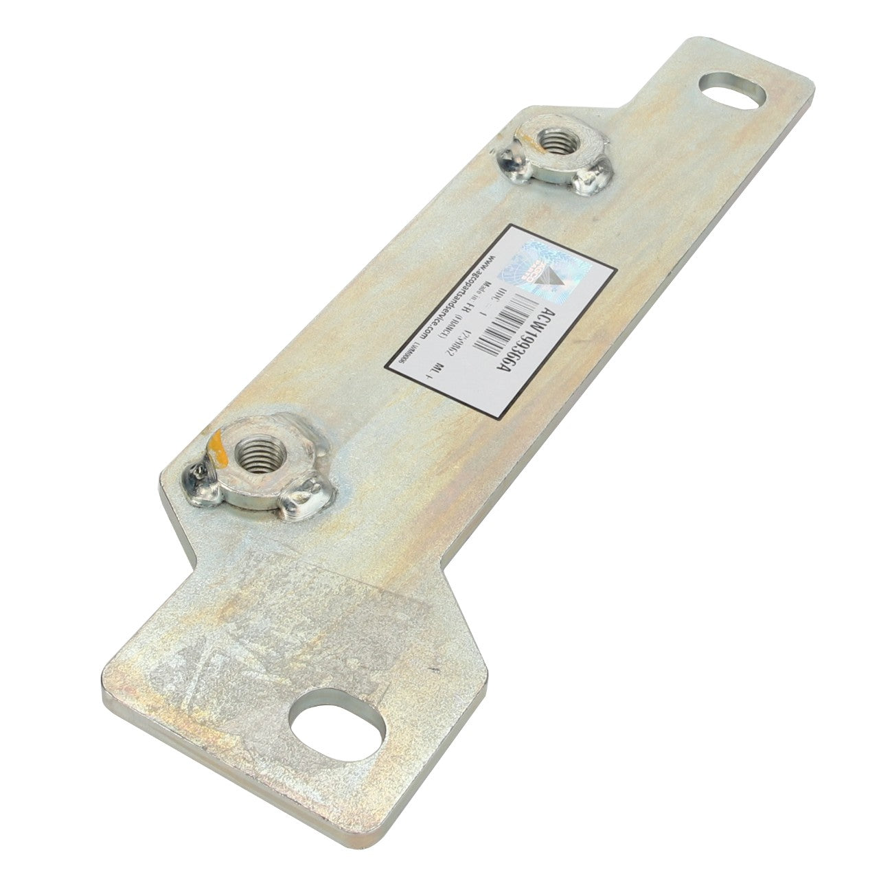 The AGCO Bracket - Acw199366A is a metal mounting plate featuring two threaded nuts and a label, with two holes at each end for attaching. Additional specifications are not available.