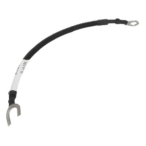 Introducing the AGCO | CABLE - ACP0328080 by AGCO – a curved black and white electrical cable equipped with metal ring terminals on both ends and featuring a flexible, corrugated sleeve in the center. This versatile product is supported by our dedicated team for any inquiries or assistance you may need.