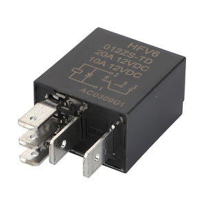 Image of a black AGCO relay model Acx3554650, showcasing electrical ratings of 20A 12VDC and 10A 12VDC. The unit features three sturdy metal prongs for reliable connection.