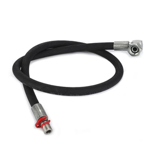 The AGCO | HOSE - AL9032633 is a black hydraulic hose featuring metal connectors on both ends, with one connector accented in red. It is shown coiled in a loose loop. No current product description information is available.