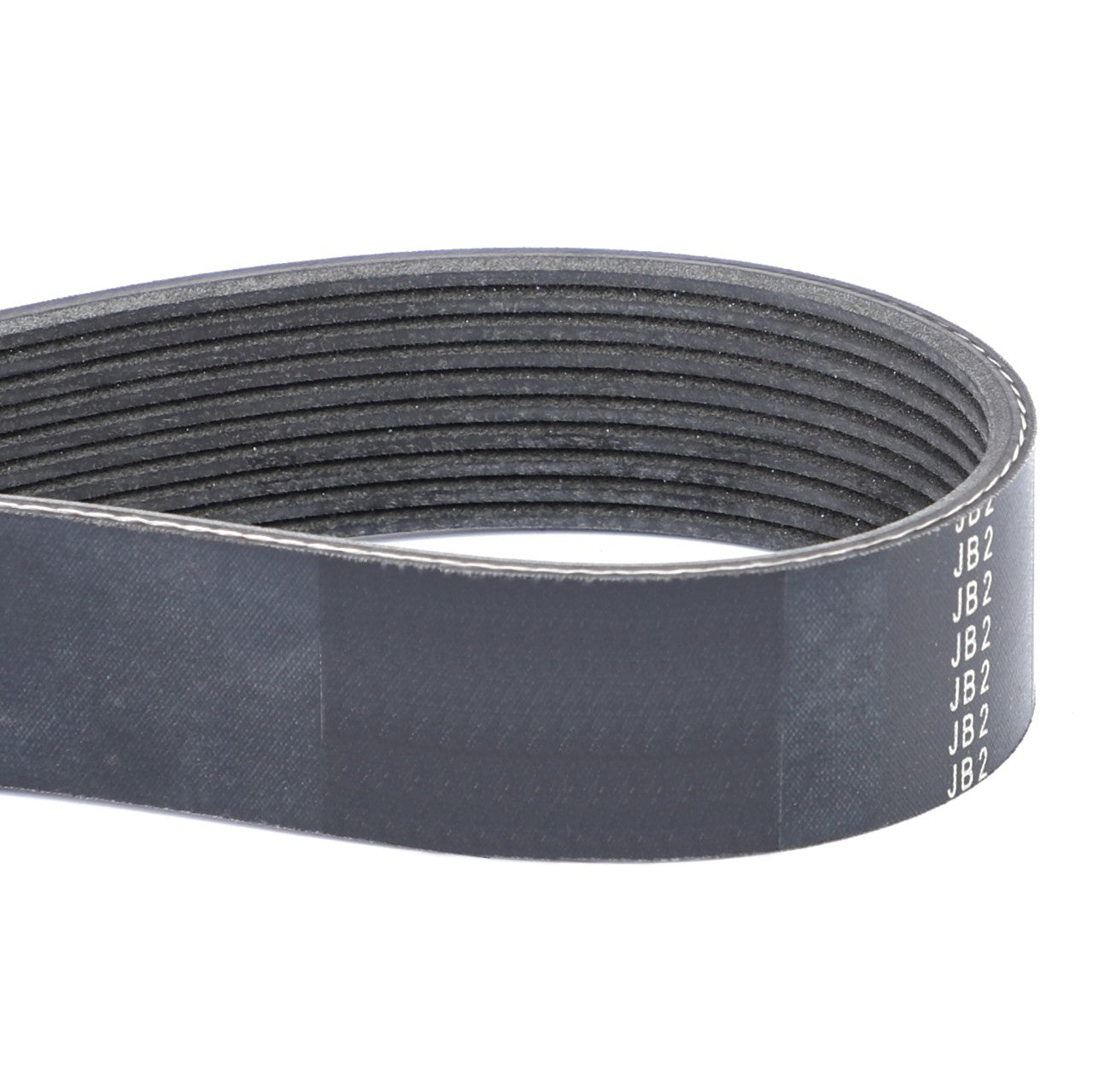 A close-up image showcases a black, ribbed drive belt coiled into an oval shape, with "JB2" printed repeatedly on its surface. The AGCO Genuine Serpentine Belt (Pk10 Profile - F743200040010) is ideal for ensuring optimal performance in your Massey Ferguson Models or Fendt Vario S4 tractors.