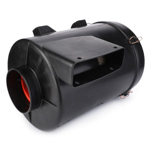 The AGCO | Air Filter Assembly - 6211380M91 is a black cylindrical automotive air filter housing featuring an oval intake and a rectangular outlet port. There is currently no additional product description available for this item.