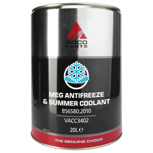 A 20-liter can of AGCO Parts Universal MEG Antifreeze & Summer Coolant, product code VACC3402, meets standard BS6580:2010. Engine protection is ensured with this high-quality antifreeze. The label features a snowflake and "The Genuine Choice" at the bottom.