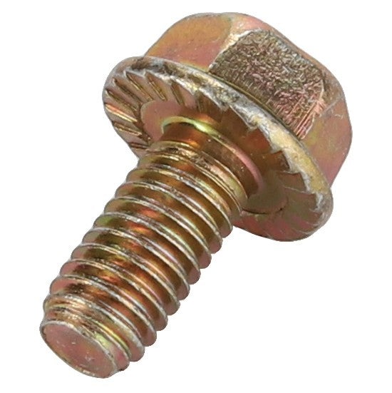 A close-up image of the AGCO | Round Head Square Neck Carriage Bolt - Va020730 showcases its hexagonal-head with a flanged base and threaded body. The bolt features a slightly worn, gold-toned finish. No current product description available.