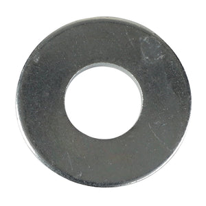 A close-up image of the AGCO | FLAT WASHER - ACP0412700, a circular, metallic washer with a hole in the center. If you have questions before ordering, please contact our support team.