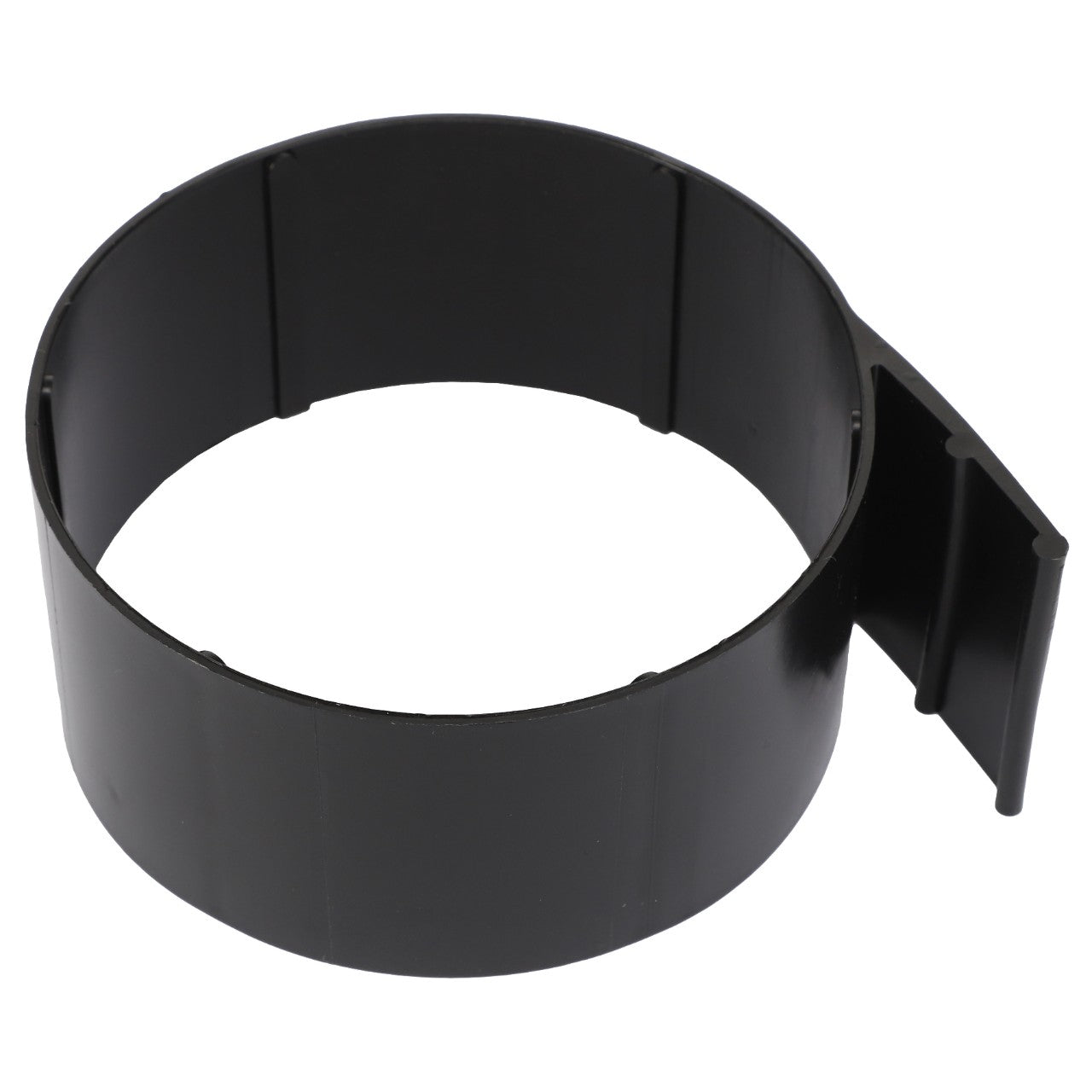 The AGCO Loader Accumulator Bracket - Al5215012, a black plastic circular clamp featuring an extended tab on one side, is perfect for front loader applications and comes with a guarantee as original parts by AGCO Parts.