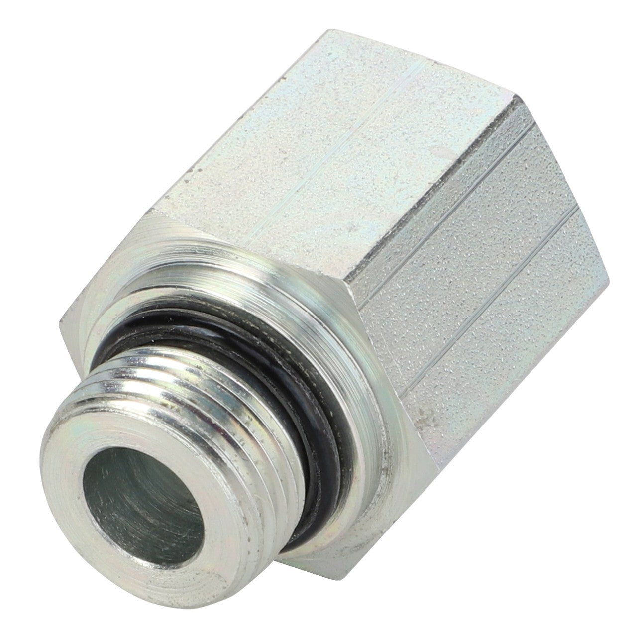 Introducing the AGCO Adapter - 8046724: a robust metallic hexagonal pipe fitting, designed with a threaded end and an O-ring seal to ensure secure connections.