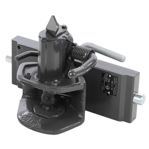 The AGCO Trailer Hitch, Automatic Clevis, 38 Pin - Acw2879540 is a heavy-duty industrial component with a mounted spring-loaded mechanism and an adjustable base. It features a dark finish and bolted connectors, making it ideal for genuine hitch components.