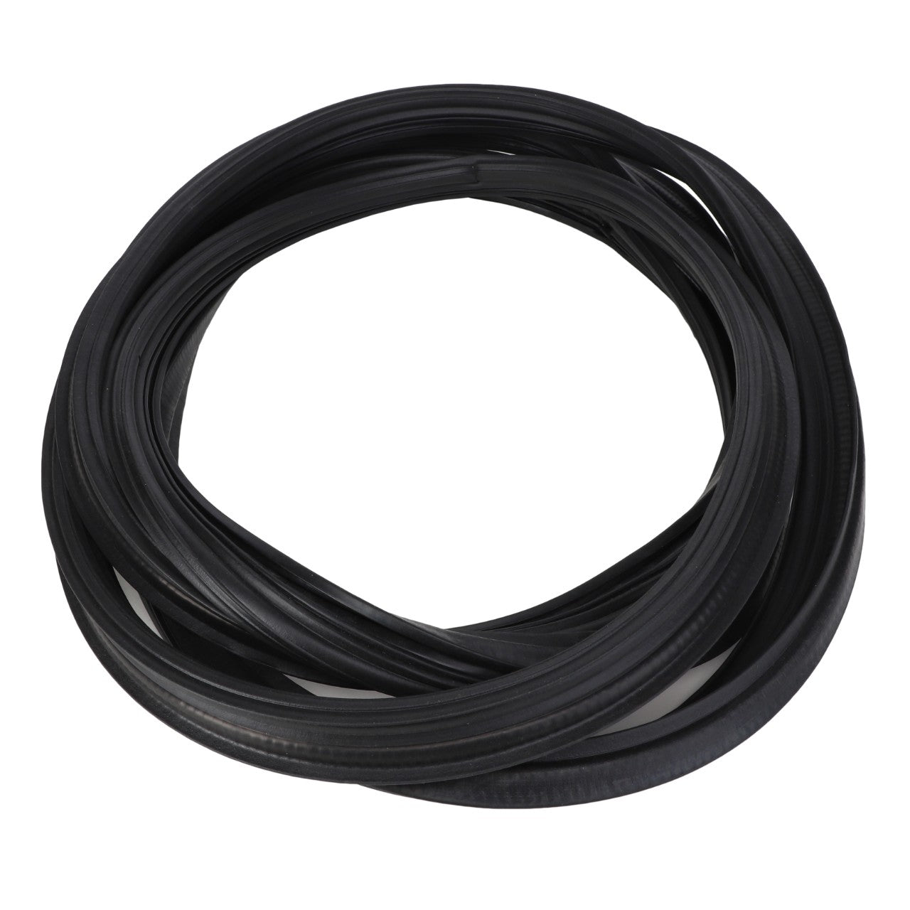 The AGCO | Door Insulator - 6243731M1, a coiled length of black rubber sealing strip commonly used in automotive and industrial applications, is compatible with Massey Ferguson Models.