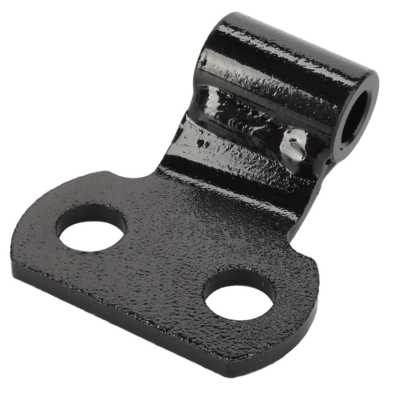 The AGCO | Hinge - Acw1978950, by AGCO, is a robust black metal bracket featuring two large holes on its flat base and a cylindrical tube on top, making it perfect for secure mounting or fastening purposes.