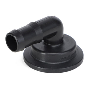 A right-angle black plastic elbow hose connector from AGCO, model AG057586, featuring a flared base and compatibility for manifold flange connections.