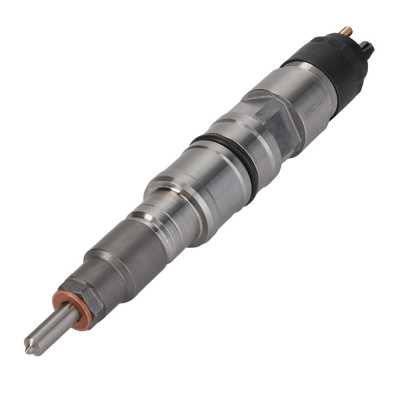 A metallic AGCO Injector - F339202710060 with cylindrical shapes, grooves, and a sharp tip is shown on a white background. No current product description available for this item from AGCO.