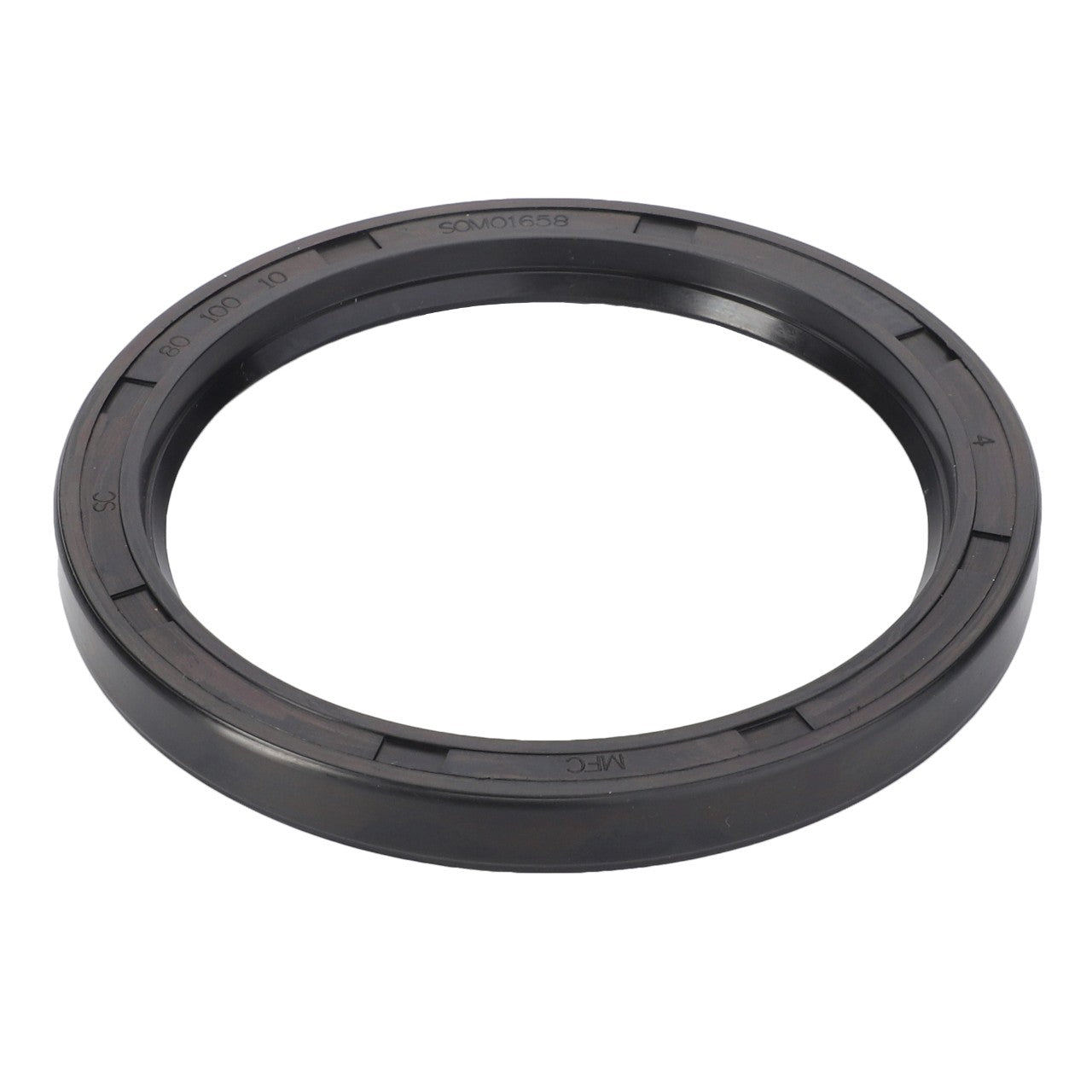 The AGCO Gasket, Eccentric Drive - D45417000 is a black circular rubber seal featuring small notches and markings along its edge, meticulously crafted from high-quality materials to meet high-performance demands.