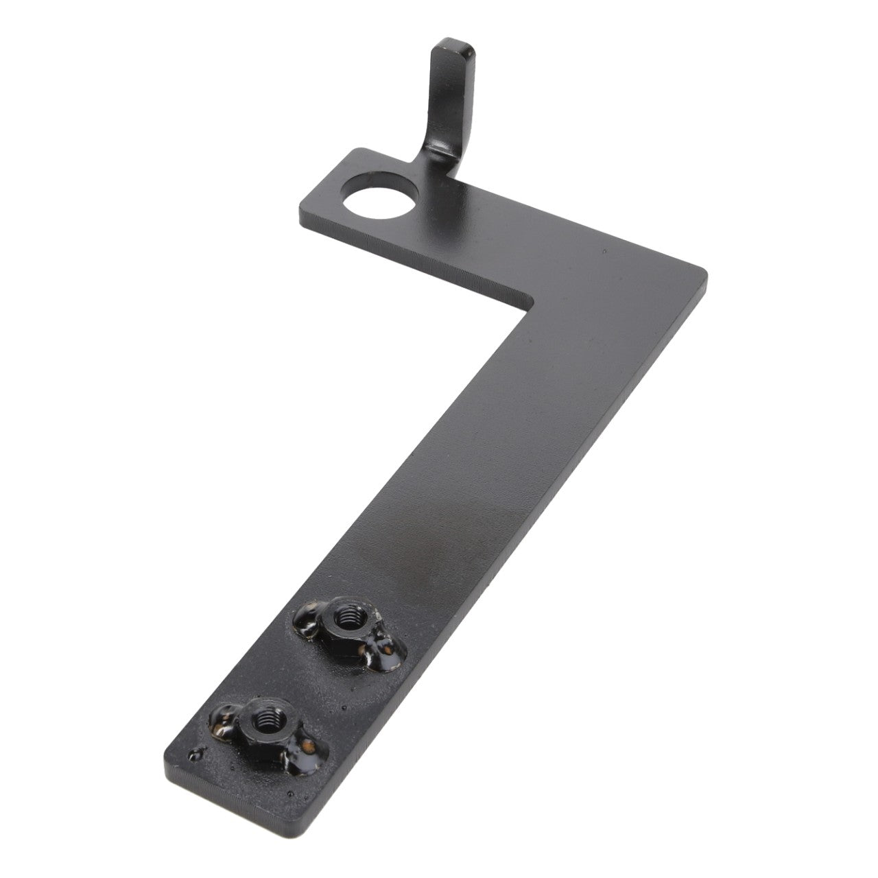 The AGCO | Bracket - Acw0514180 by AGCO is a sleek black metal bracket featuring two secure screws on the bottom left and a gracefully curved hook on the top end.