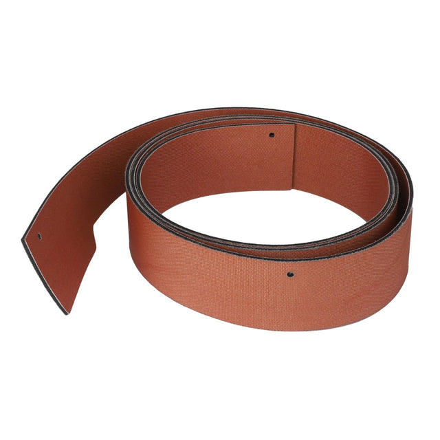 The AGCO | Rubber Seal - Acx0026310 by AGCO is a coiled brown sanding belt enhanced with black edges, showcasing a smooth abrasive surface and small perforations along one side. Product description information for this item is currently unavailable.