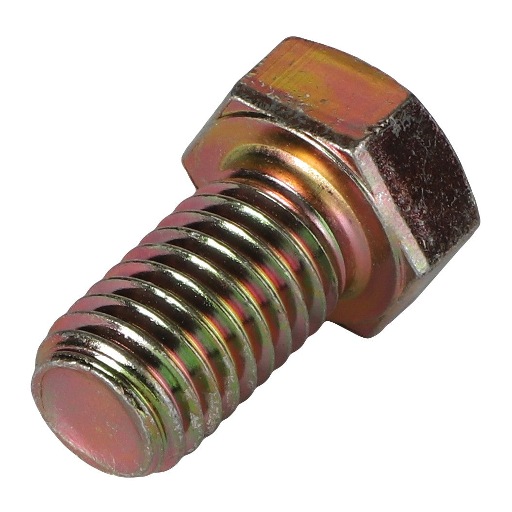 Close-up view of an AGCO Hexagonal Head Bolt - Acp0015020 with a shiny metallic surface and a threaded shaft, resting on a white background.