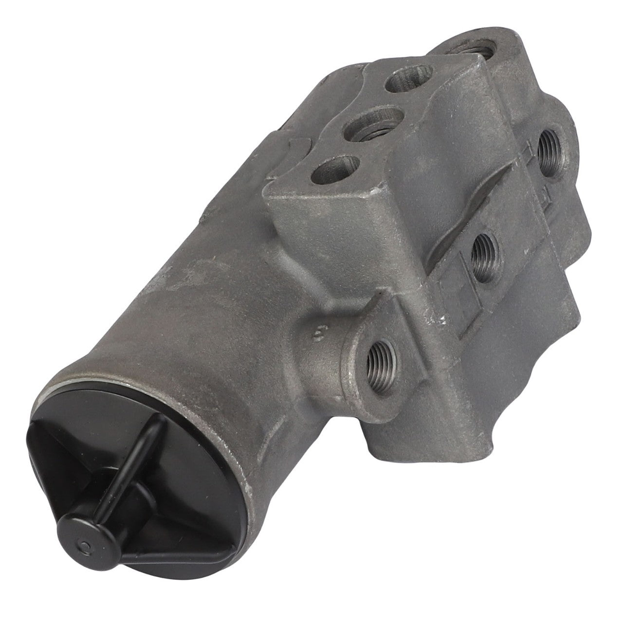 The AGCO | AIR GOVERNOR - AG726897 is a sturdy metal component with multiple threaded holes and a black cylindrical end, likely resembling a hydraulic or pneumatic valve body from the reputable brand AGCO.