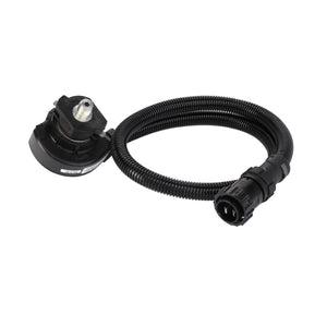 The AGCO Grain Bin Sensor - D28780404 features a flexible black hose that connects to a circular black plastic component, complete with a threaded metal fitting on one end and a cylindrical connector on the other. Currently, no additional product description information is available.