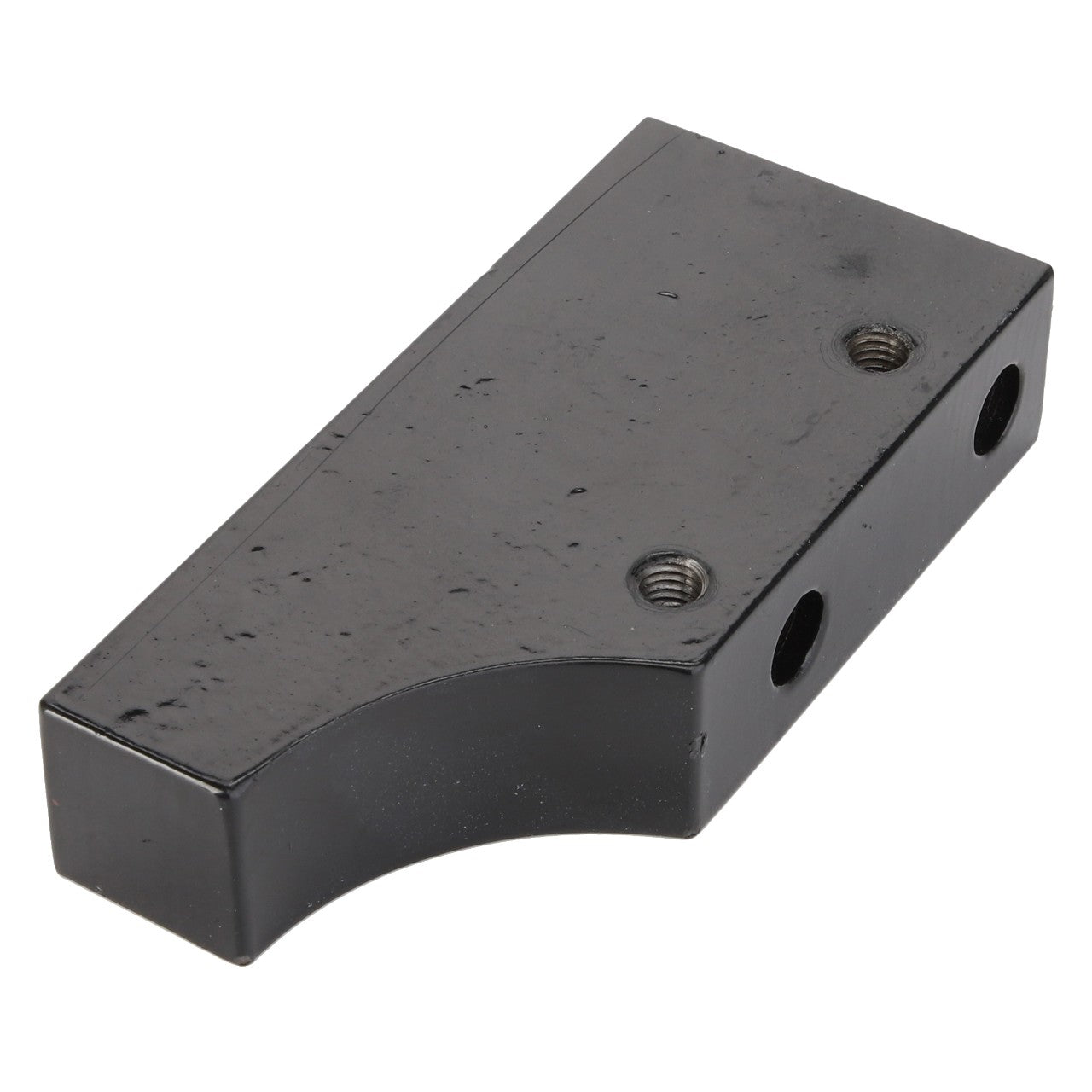 The AGCO | BRACKET - D28251419 is a rectangular black metal bracket featuring a curved indentation and several threaded screw holes. There is no additional product description information available at this time.