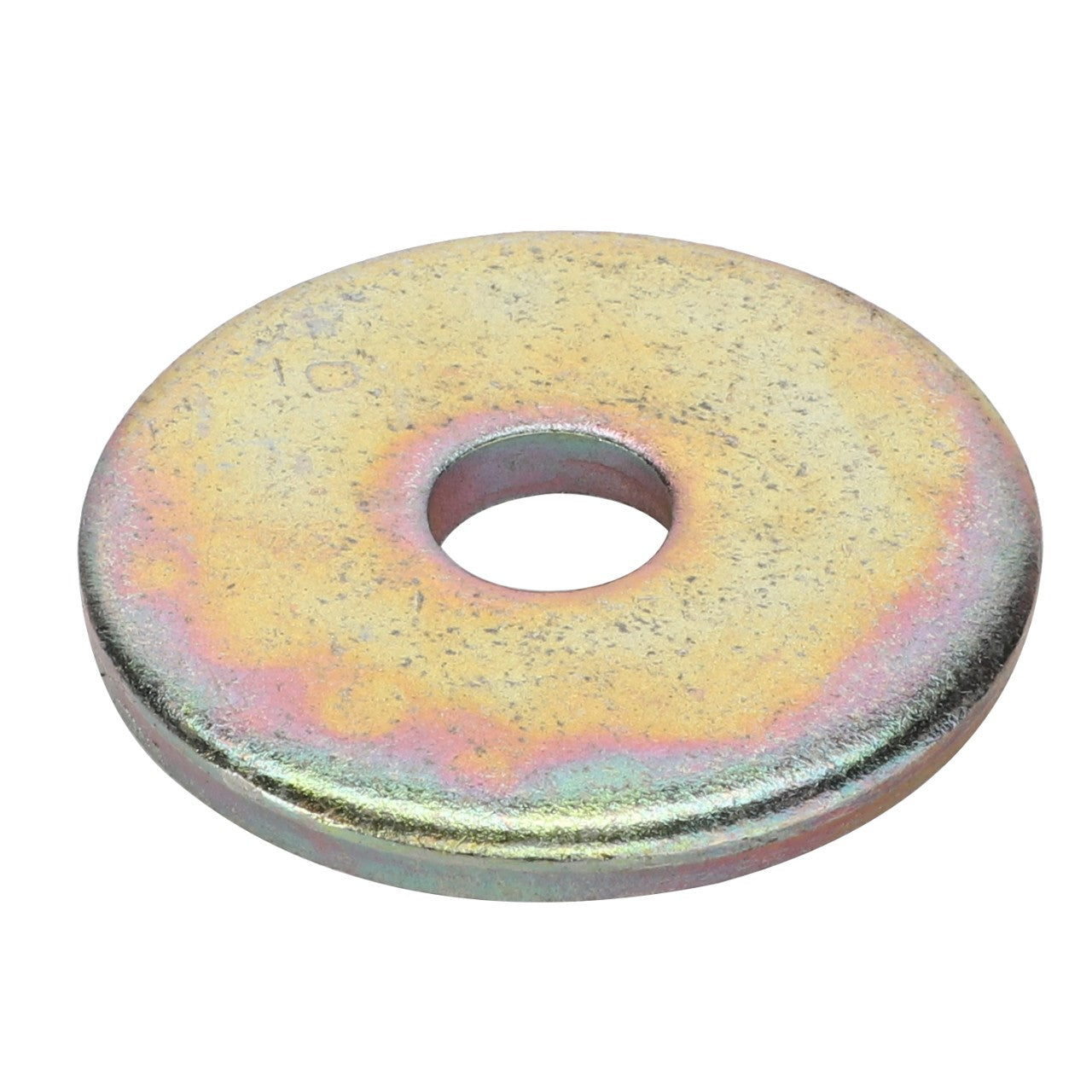 The AGCO | Disc - 0910-80-44-00, a metallic flat washer with a central hole and a multicolored, slightly iridescent surface, is typically used in fastening applications to distribute load or prevent loosening.