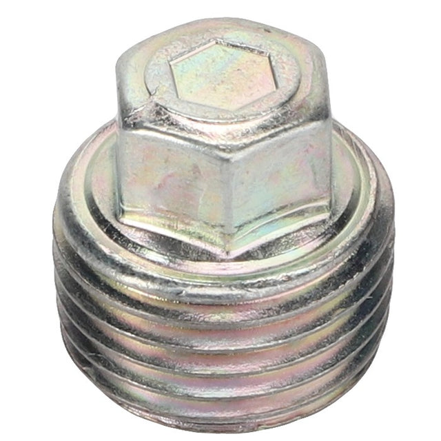 The AGCO Plug Screw - Fel105538, a hexagonal bolt featuring a threaded body and a hex head, is typically used for fastening metal parts.