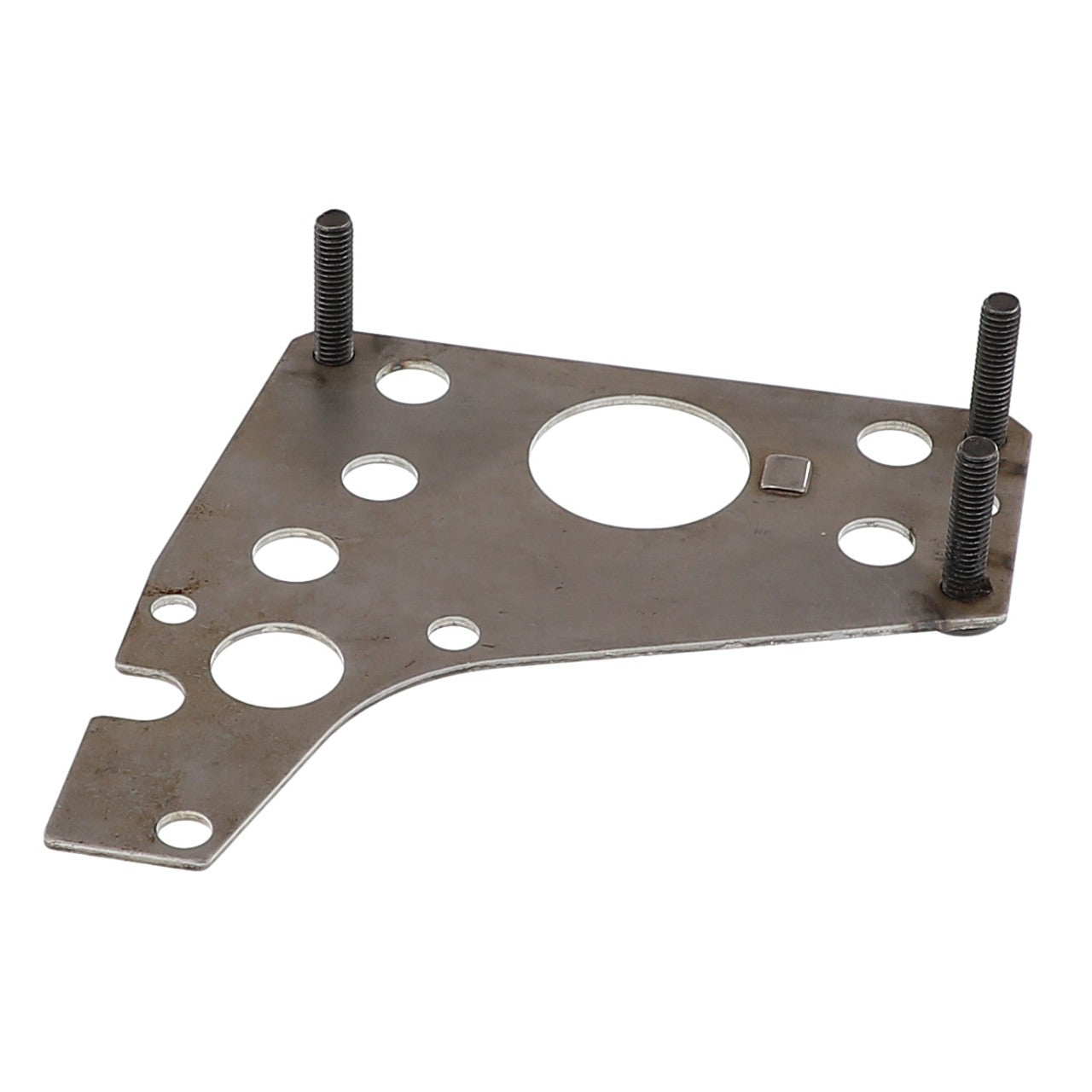 The AGCO | Plate - 1661240M92, a metallic mounting bracket featuring a variety of circular holes and two protruding threaded bolts, is perfect for machinery such as Massey Ferguson.