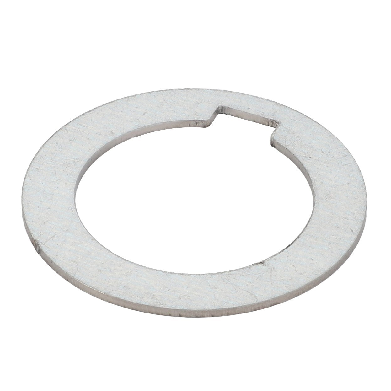 The AGCO Washer - La300134501, a flat, circular metal washer from the AGCO brand, features a single notch on one side.