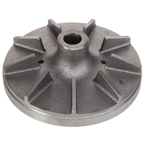 The AGCO Impeller - V836336047 is a round metal mechanical part with a central hole and several evenly spaced raised radial fins, resembling the intricate precision found in high-quality gear systems.