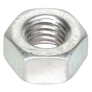 A close-up image of the AGCO | HEX NUT - ACP0413220 by AGCO, highlighting its six-sided shape and threaded interior. Perfect for securing various components, this detailed product description aids in accurate ordering.