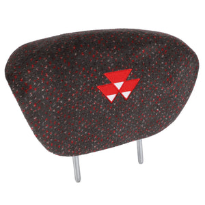 A grey and red AGCO car seat headrest (product number 3909466M91) featuring a red geometric logo with three white triangles in the center, perfect for Massey Ferguson and Dyna-6 tractors.