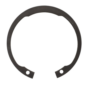 The AGCO | Lock Washer - 0912-15-52-00 is a black, circular snap ring with open ends and two holes near the tips, designed for securing components on a shaft or in a bore, and is compatible with various Massey Ferguson models.