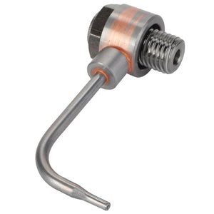 The AGCO Piston Cooling Jet - Acx2619820 is a metal fuel injector designed for internal combustion engines, equipped with a threaded connector at one end and a curved, narrow nozzle at the other. Product description information is currently unavailable.