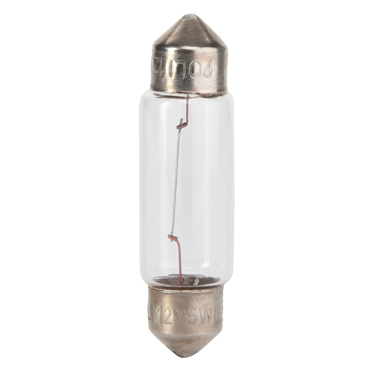 A close-up image of the AGCO | BULB - LA10863090, from the AGCO brand, features metal ends and a transparent glass body, showcasing a clearly visible filament inside.