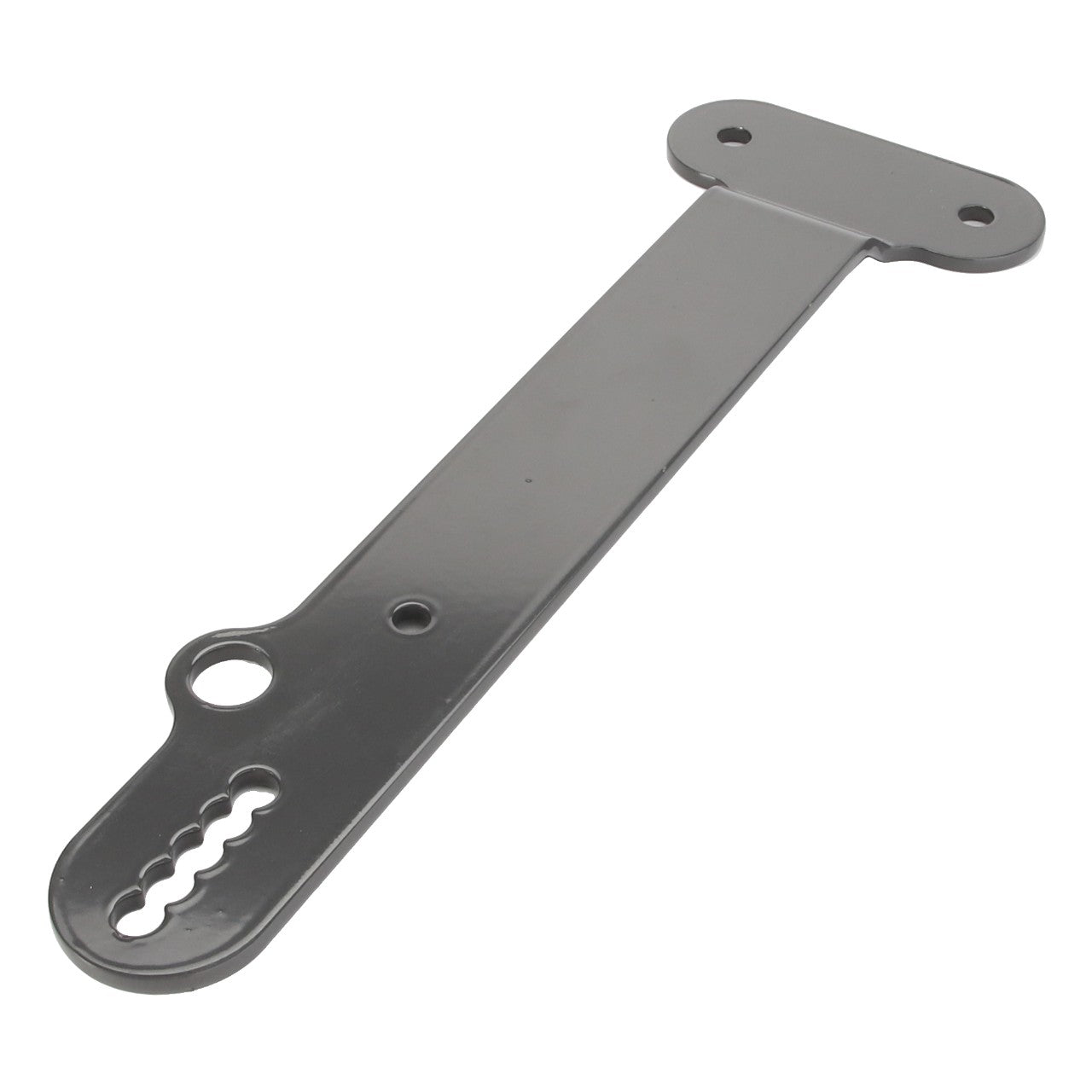 The AGCO Bracket - Acw0661970 by AGCO is a metal bracket featuring three holes on one end and a smaller set of holes on the other, designed for mounting or securing objects. Currently, no additional product description information is available for this item.