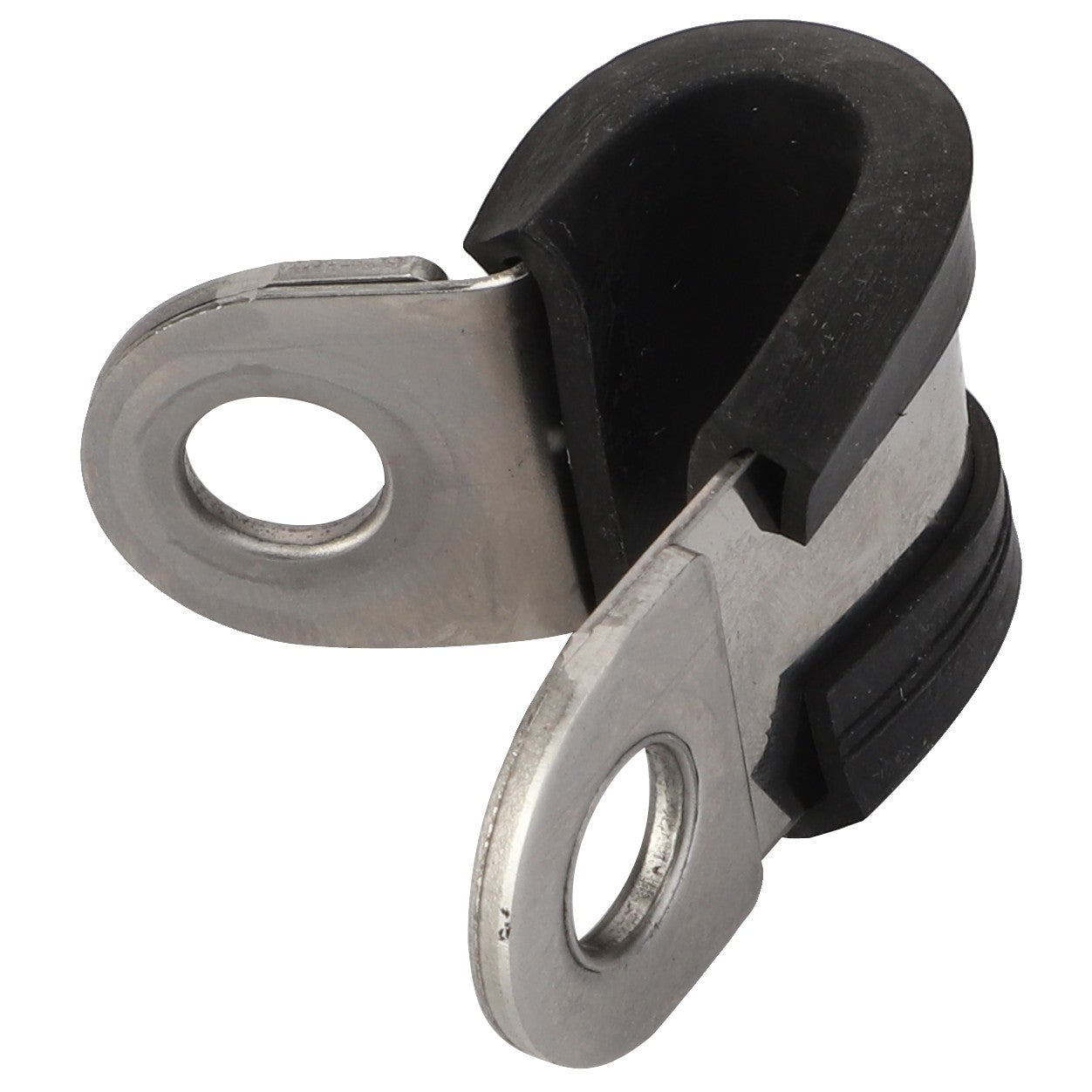 Close-up of the AGCO | CLIP - F926880010300, a metal P-clamp with a black rubber cushion, featuring two circular holes for mounting. Unfortunately, no current product description information is available.