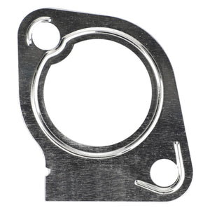 The AGCO Joint - 744159M1 is a metallic gasket featuring a circular opening and two smaller holes, specifically designed for mechanical or automotive applications, and is compatible with Massey Ferguson models.