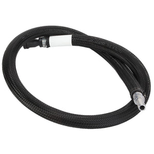 The AGCO | Fuel Hose - Acw3066600 is a coiled black braided hose equipped with fittings on both ends, featuring one silver metal connector and one black plastic connector.