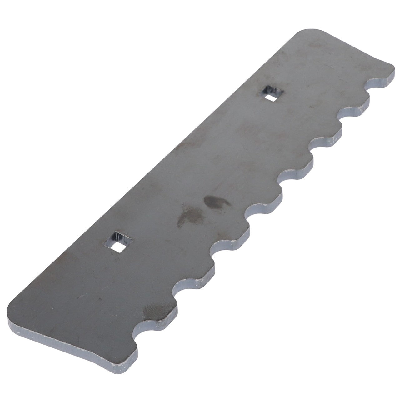 Introducing the AGCO Wear Plate - Acw9124750: A rectangular metal plate featuring a unique wavy edge and adorned with two precise square cutouts from the renowned AGCO brand.